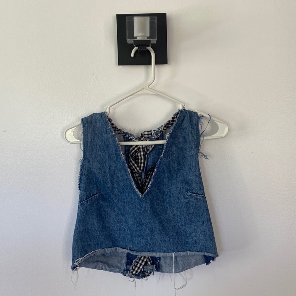 Zara Denim Crop Distressed Lace Up Top V-Neck